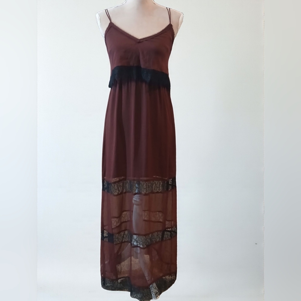 H&M Maroon Black Lace Mesh Maxi Dress Sz 4 Fairygoth Vamp Dark Romantic